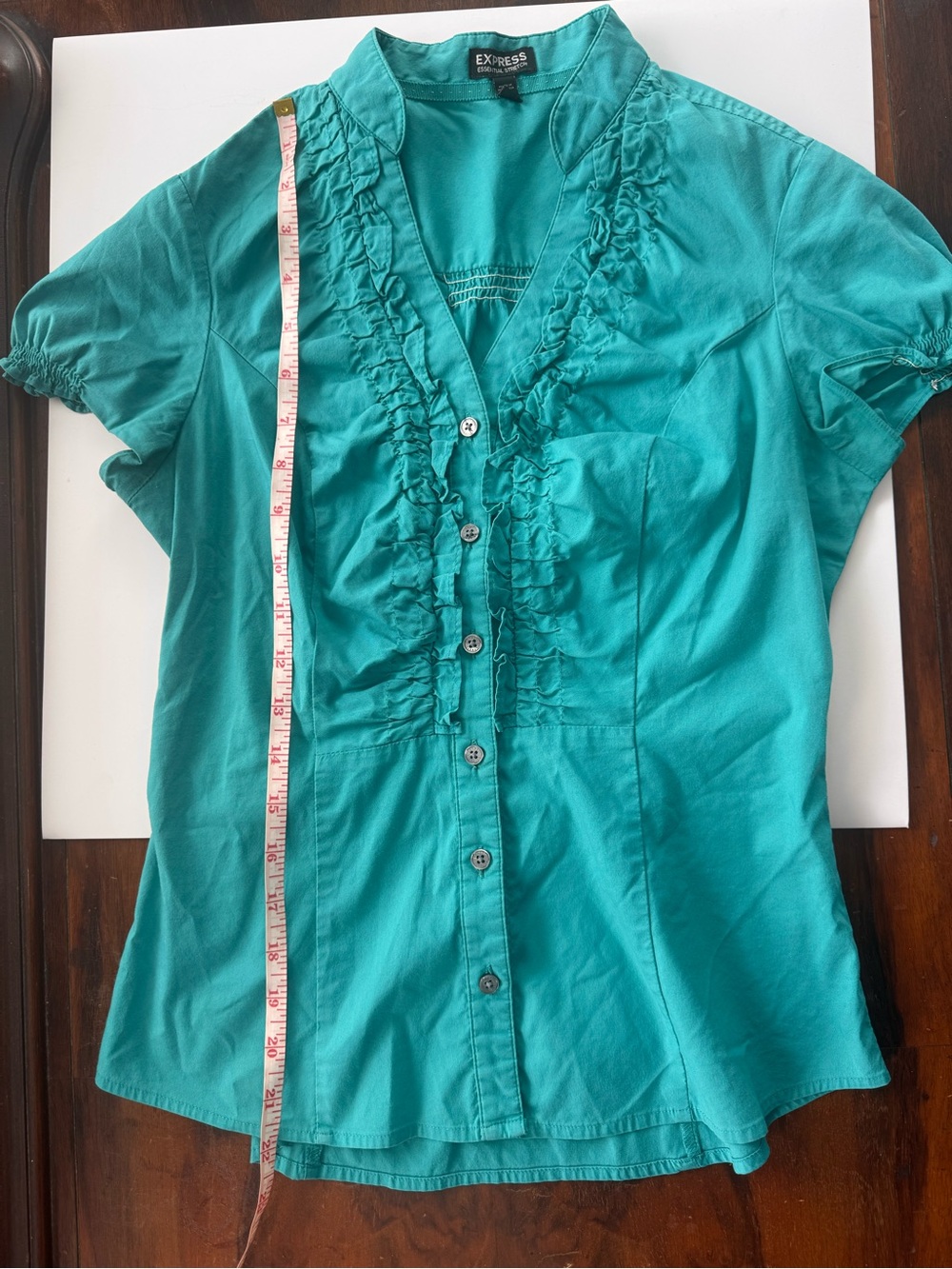 Express Ruffle-Front Short Sleeve Button-Down Blouse, size XS - Picture 6 of 8